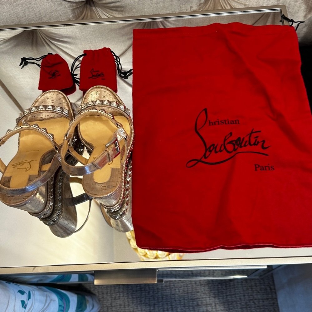 Christian Louboutin Silver Wedge Espadrilles PYRADIAMS 110 LIEGE PEPITE - Size 6 - Picture 7 of 9